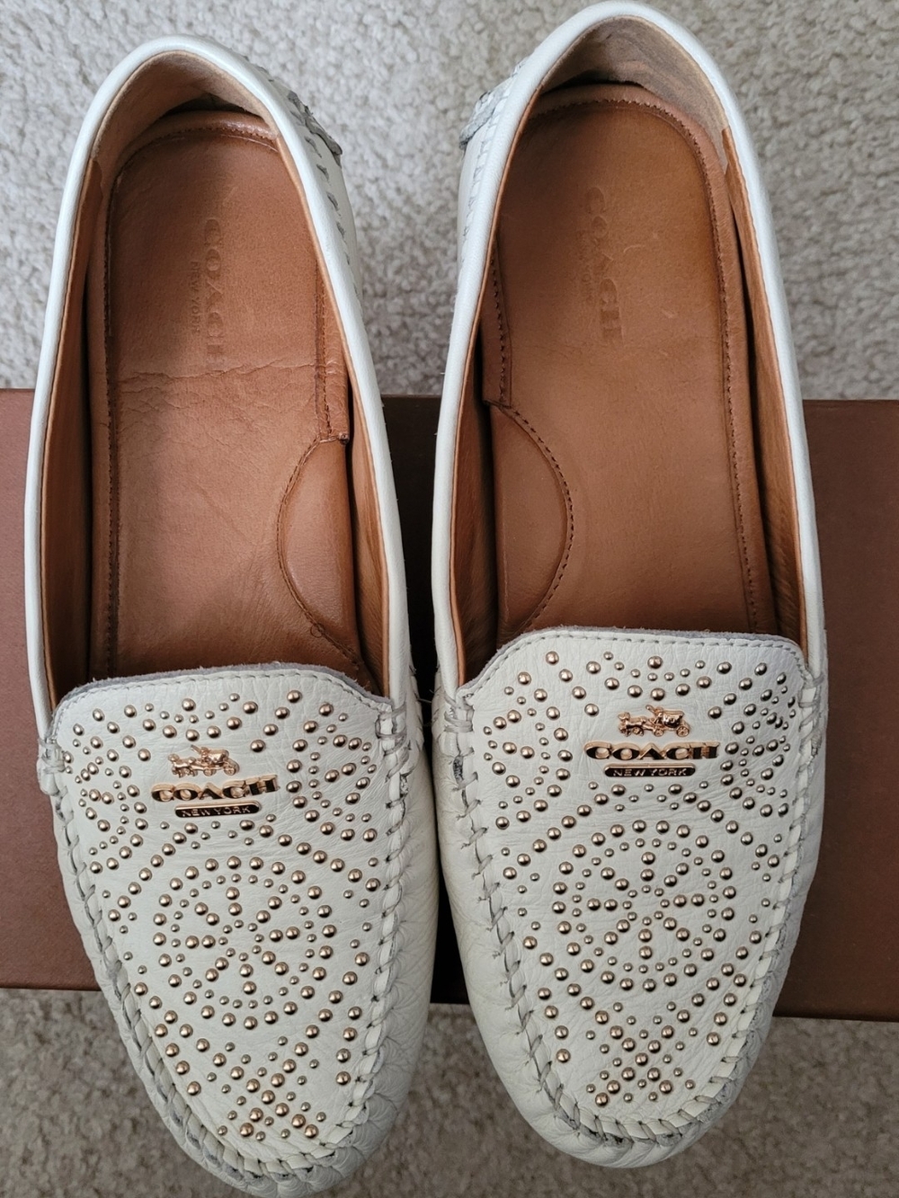 COACH Women's White Studded Leather Loafers - Picture 2 of 7